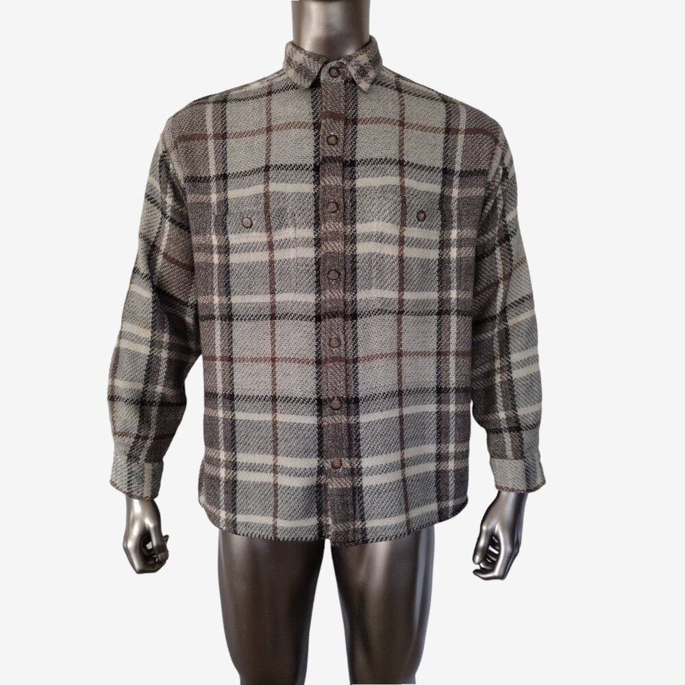 Vintage 1990s Gray Plaid Weaved Button Down Casual Collared Shirt Size L
